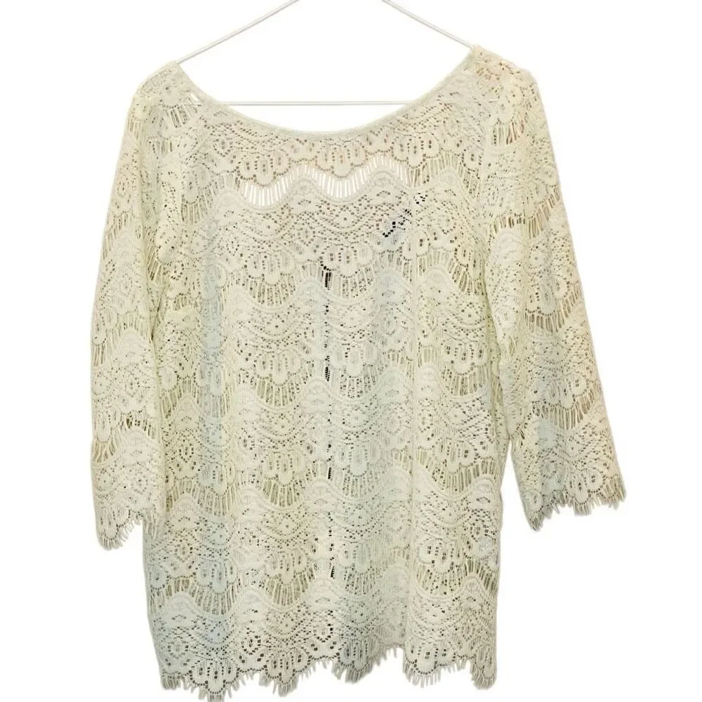 Zara TRF Collection Sheer Lace Back Zip Quarter Sleeve Blouse Ivory Large